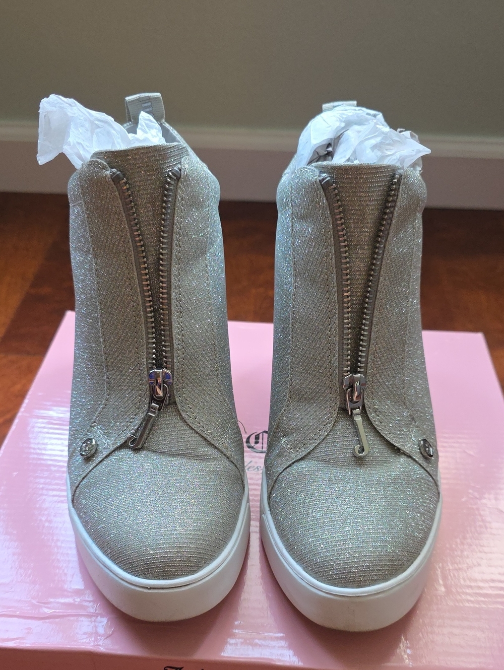 Juicy Coutore Sparkle Slip-On Wedge Sneakers in Silver
